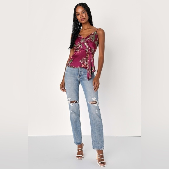 NWT Lulus Effortless Adoration Wine Red Floral Print Satin Cami Top, Size S - Picture 3 of 9